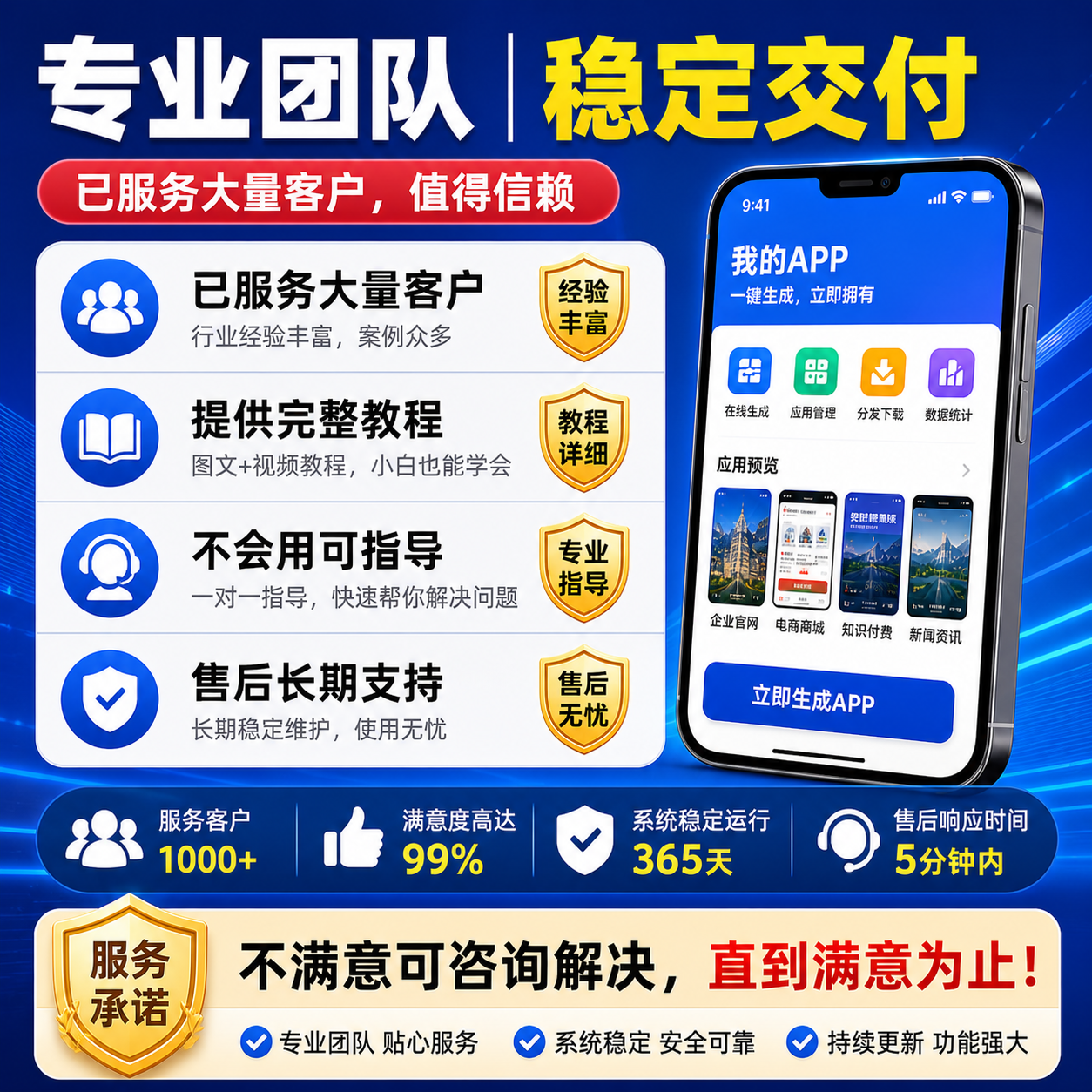 专业团队稳定交付：一键APP生成系统，服务1000+ 客户并提供5 分钟极速售后支持